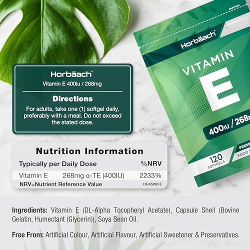 Vitamin E Capsules 400iu | 120 Count | High Strength Vitamin E as DL-a-Tocopheryl HorbäachUS supplements