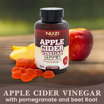 NUZI Apple Cider Vinegar Gummies with Pomegranate & Beetroot | 500 mg | Certified Halal NUZIUS supplements