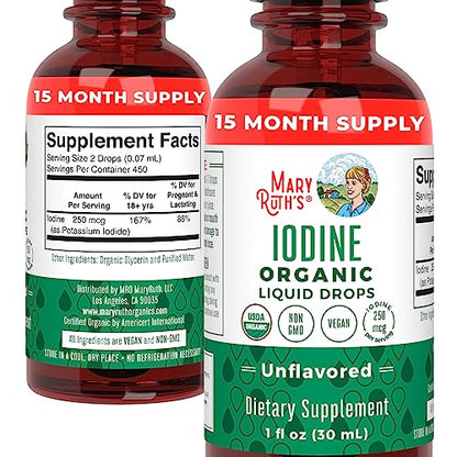 MaryRuth Organics Iodine Liquid Drops | Potassium Iodide | 1 Year Supply | 450 Servings | Thyroid Health | USDA Organic| MARYRUTH'SUS supplements