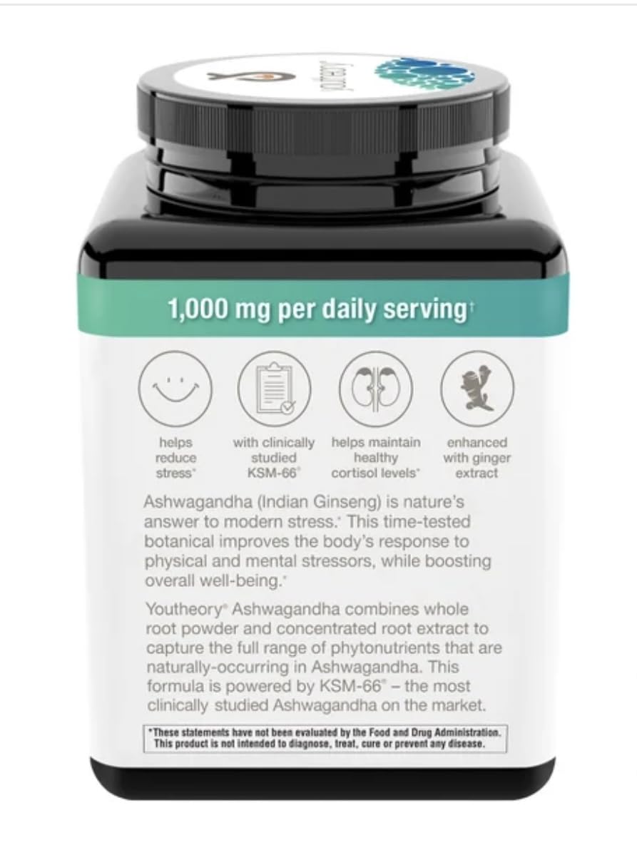 Youtheory Ashwagandha 1000mg with KSM-66 - Helps Support a Healthy Stress Response,180 Capsules (Pack of 1) YoutheoryAu supplements