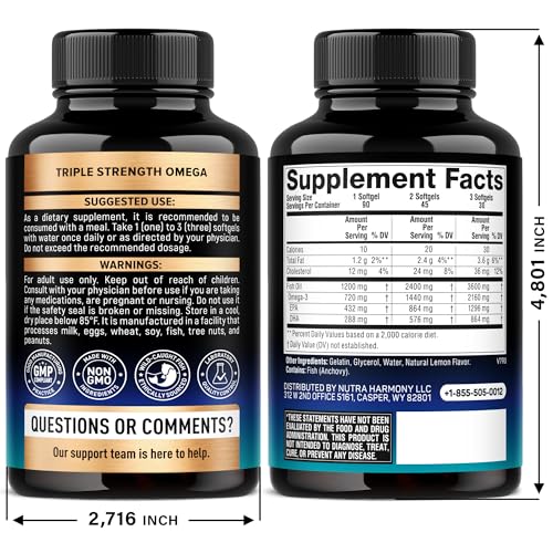 Omega 3 Fish Oil 3600 mg - Omega 3 Supplement | EPA & DHA - Heavy Metals Free - Heart, Brain & Joint Support - Purified Fish Oil for Men & Women - Lemon Flavored - Made in USA, 90 Softgels NUTRAHARMONYAu supplements