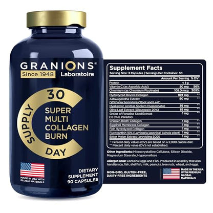 Thermogenic Hydrolyzed Collagen Burn - Hyaluronic Acid, Vitamin C, Multi Collagen Complex GranionsUS supplements