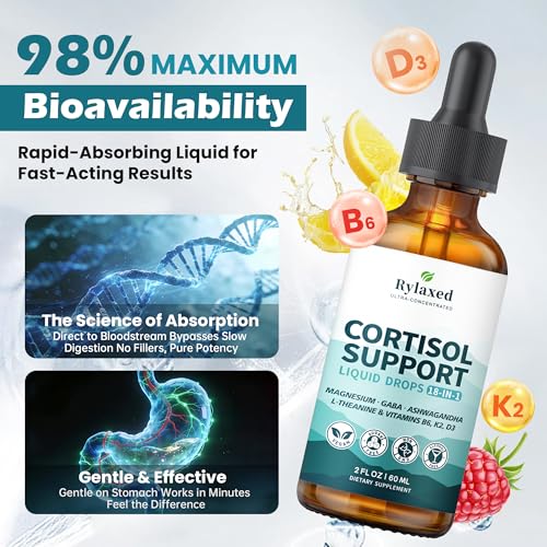Cortisol Supplements for Women & Men, 18 in 1 Stress & Mood Support Drops with Magnesium 480mg, GABA, Ashwagandha, L-Theanine & Phosphatidylserine, for Relaxation & Sleep, Lemon Raspberry Flavor 60mL RylaxedAu supplements