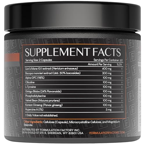 Formulation Factory Nootropic Brain Supplement - Boss Mode Focus & Memory Complex with Lion's Mane, Alpha GPC & Bacopa - Cognitive Support - 120 Capsules, 2 Month Supply Formulation FactoryAu supplements