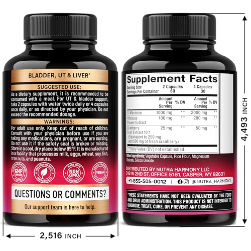 D-Mannose 2000mg with Cranberry & Hibiscus - Clinically Tested Strength for Urinary Tract Health - Supplement for Women - Bladder, Liver & Microflora Support - Made in USA - Vegan, 120 Capsules NUTRAHARMONYAu supplements