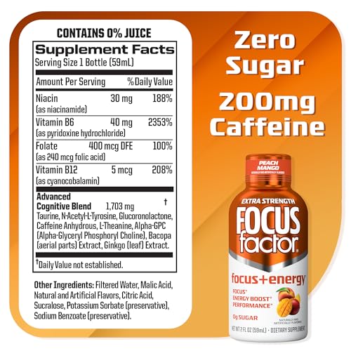 Focus Factor Extra Strength Focus + Energy Shots - 12 x 2oz Bottles (Peach Mango Flavor) - Powered by Nootropics with Caffeine, L-Theanine, Ginkgo, Bacopa, L-Tyrosine, Alpha GPC Focus FactorAu supplements