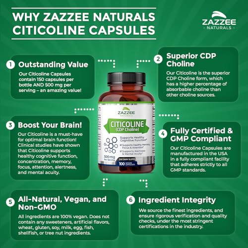 Zazzee Extra Strength Citicoline CDP Choline, 500 mg per Serving, 100 Vegan Capsules ZazzeeUS supplements