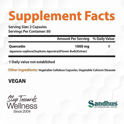 Sandhu's Quercetin 1000mg Per Serving 120 Count(Pack of 2) Vegetarian Capsules Sandhu'sUS supplements