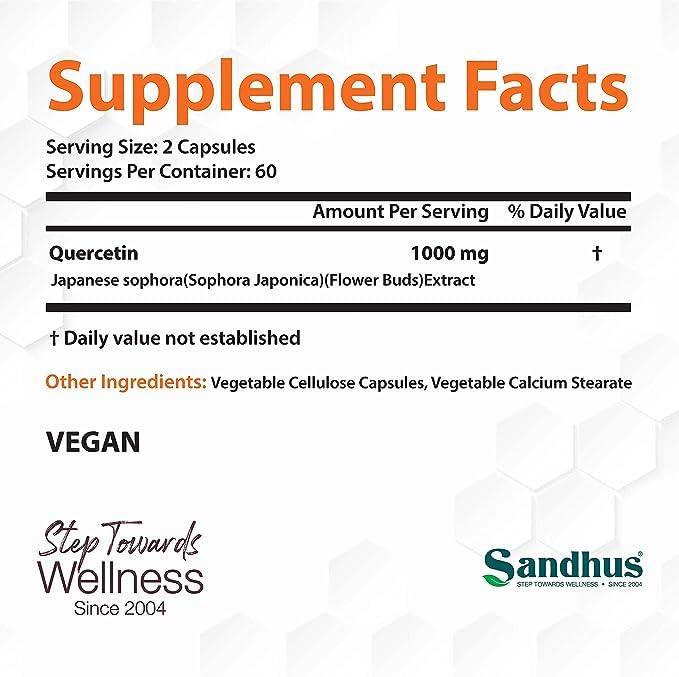 Sandhu's Quercetin 1000mg Per Serving 120 Count(Pack of 2) Vegetarian Capsules Sandhu'sAu supplements