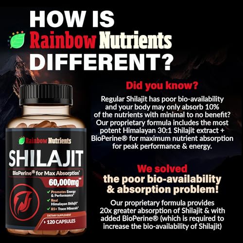 Pure Himalayan Shilajit Capsules Supplement (60,000mg+ Absorption Enhancer+50% Rainbow Nutrients, LLCUS supplements