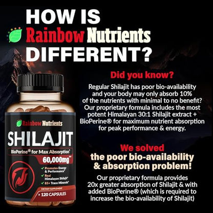Pure Himalayan Shilajit Capsules Supplement (60,000mg+ Absorption Enhancer+50% Rainbow Nutrients, LLCUS supplements