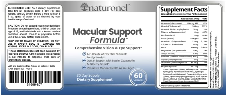 Naturonel Macular Support Formula – Vision & Eye Health with Lutein, Zeaxanthin, Bilberry, Eyebright & Antioxidants | Non-GMO, Made in USA, GMP Certified – 60 Capsules, 30 Day Supply (1) NaturonelAu supplements