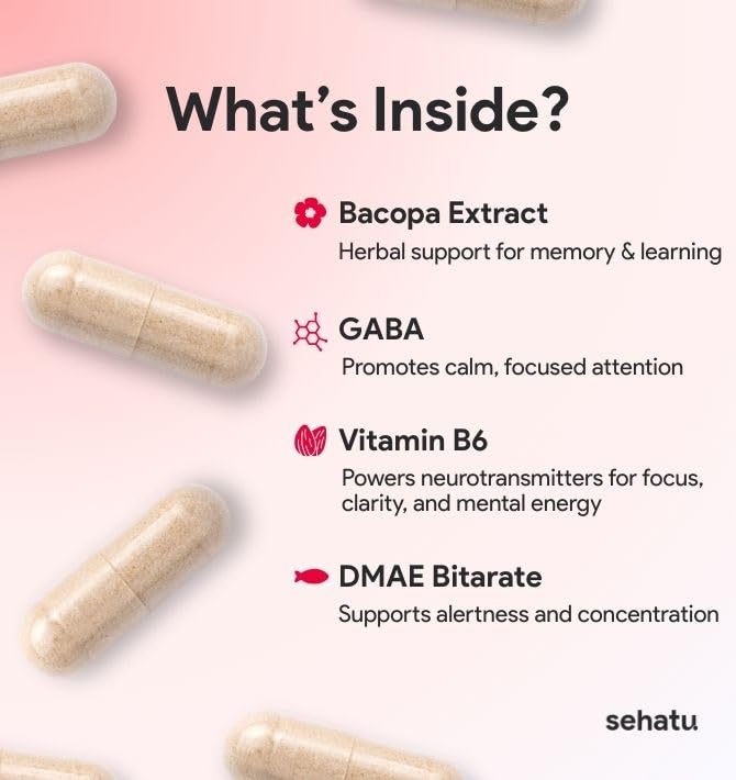 SEHATU Focus Plus Cognitive Performance Enhancer | with N-Acetyl L-Tyrosine, DMAE Bitartrate, GABA, Glutamic Acid | Boosts Focus, Enhances Memory, Supports Brain Health | 60 Count | 30 Day Supply SEHATUAu supplements