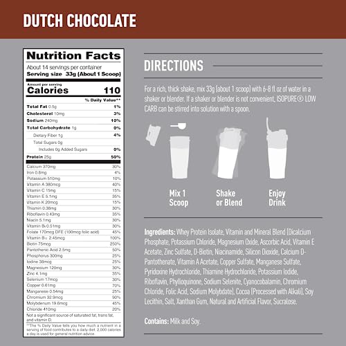 Isopure Dutch Chocolate Whey Isolate Protein Powder with Vitamin C & Zinc for Immune IsopureUS supplements