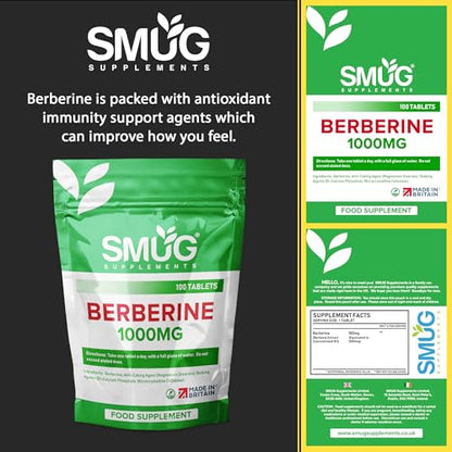SMUG Supplements Berberine Tablets - 100 High Strength 1000mg Pills - Can Promote SMUG SupplementsUS supplements