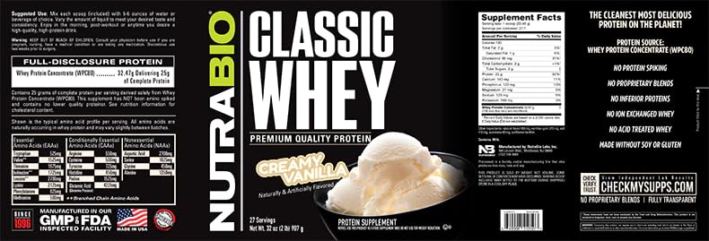 NutraBio Classic Whey Protein Powder- 25G of Protein Per Scoop - Full-Spectrum Amino NutraBioUS supplements