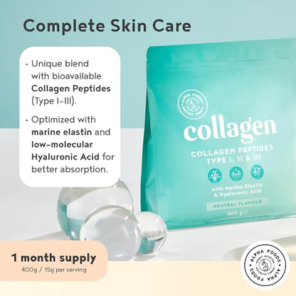 Collagen Powder with Hyaluronic Acid 400g - Collagen Peptides Supplement + Amino Acids Alpha FoodsUS supplements