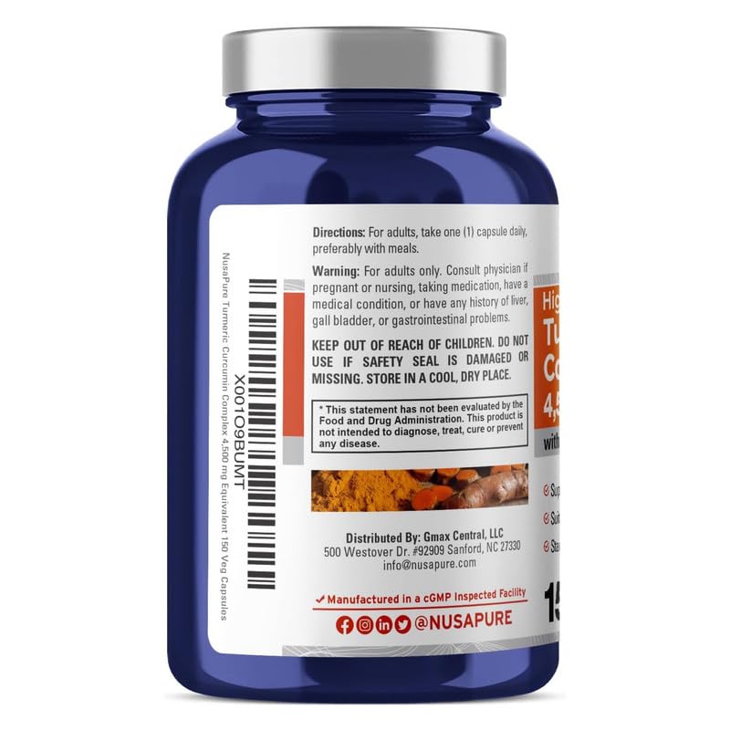 NusaPure Turmeric Curcumin Complex 4,500mg per caps, 150 caps, Non-GMO, Gluten-Free, & Bioperine NusaPureAu supplements