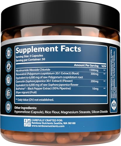 2010 MG NAD+ Supplement- Nicotinamide Riboside, Resveratrol, Quercetin & BioPerine® (High Absorption)- Natural NAD Booster for Anti-Aging, Cellular Energy, Skin- For Women & Men- 90 V Capsules Rainbow Nutrients, LLCAu supplements