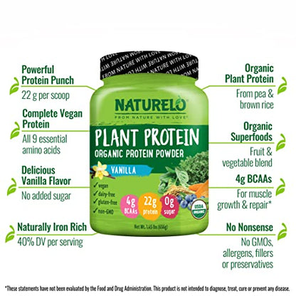 NATURELO Plant Protein Powder, Vanilla, 22g Protein - Non-GMO, 20 Ser NATURELOUS supplements