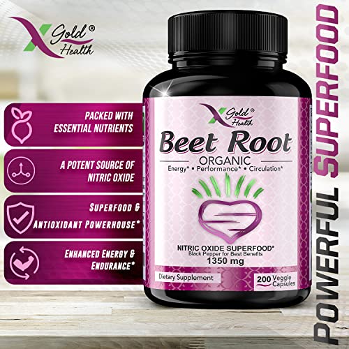 Organic Beet Root Powder 1350mg 200 Veggie caps Superfood Nitric Oxide Strongest X Gold HealthUS supplements