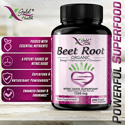 Organic Beet Root Powder 1350mg 200 Veggie caps Superfood Nitric Oxide Strongest X Gold HealthUS supplements