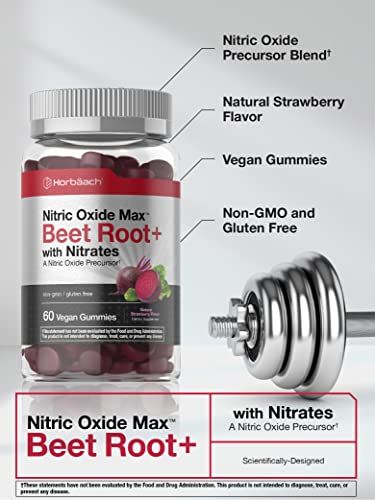 Nitric Oxide Beet Root Gummies | 60 Count | with Nitrates | Natural Strawberry Flavor HorbäachAu supplements