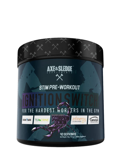 Ignition Switch Pre-Workout with CarnoSyn, TeaCrine, Infinergy, and AgmaMax, Long Lasting Axe & SledgeUS supplements