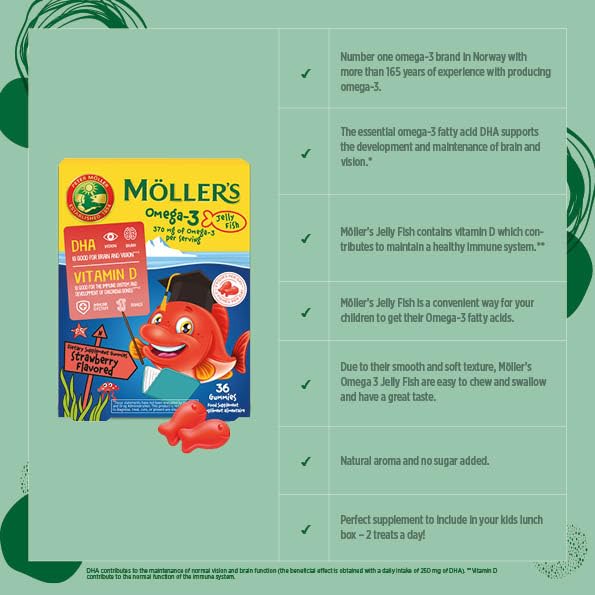 MÖLLER'S Omega 3 Capsules, Natural Fish Oil Omega3 for Kids with DHA and EPA, No Gluten, Lactose or Added Sugar & Easy to Chew, Strawberry Flavor, 36 Capsules MÖLLER'SAu supplements