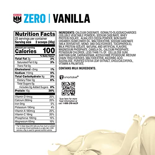 Muscle Milk ZERO, 100 Calorie Protein Powder, Vanilla, 15g Protein, 1.65 Pound, 25 Servings Muscle MilkUS supplements
