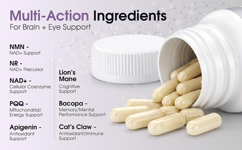 1LifeScience Cognition & Vision Support Supplement – NMN, Lion’s Mane, Cat’s Claw, Apigenin, PQQ & Lutein – NAD+ Support Formula – cGMP Made in USA – 60 Caps 1LifeScienceAu supplements