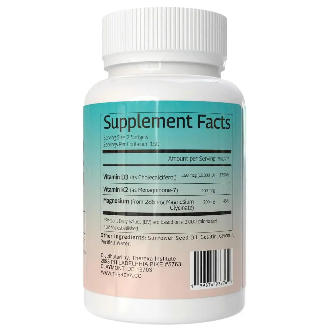 THEREXA Vitamin D3 K2 Magnesium Supplement - Extra Strength with 10000 IU Vitamin D3, Magnesium Glycinate and 200 mcg K2 MK-7 Vitamin Supplements Complex, for Women & Men - 300 Softgels THEREXAnz supplements