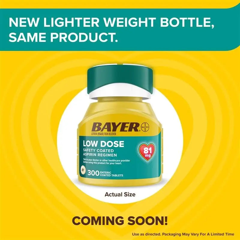 Bayer Aspirin Low Dose 81 mg, Enteric Coated Tablets, Doctor Recommended, Secondary Prevention of Cardiovascular Disease, 300 Safety Coated Tablets (Packaging may vary) BayerAu supplements