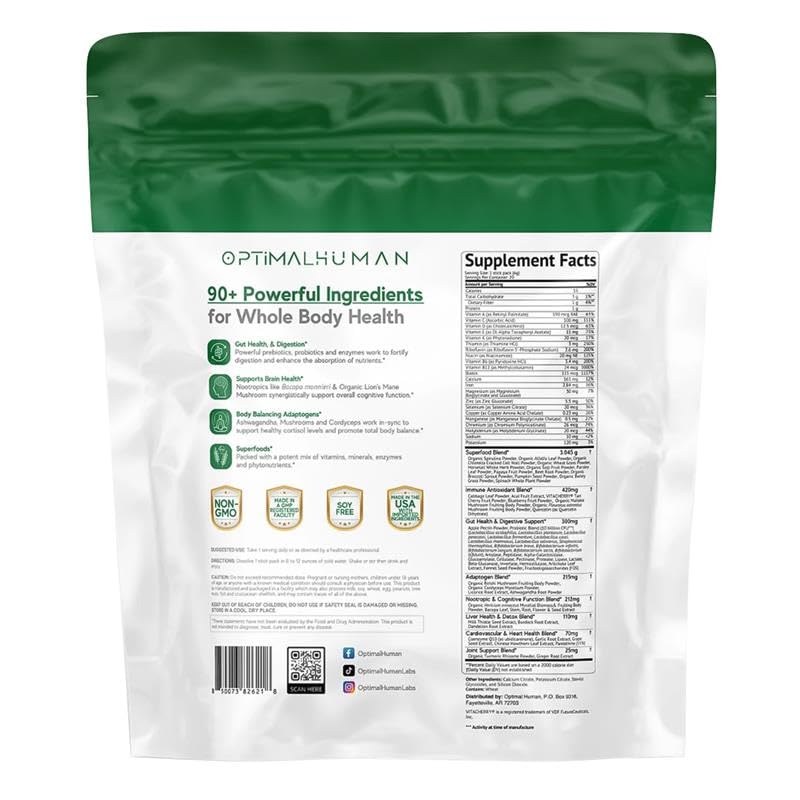 Optimal Human Superfood Greens Powder – 90+ Ingredient Blend with Lion’s Mane Supplement, Ashwagandha & Turmeric – Non-GMO, Soy-Free, Mushroom Supplements for Women – 20 Sachets O HAu supplements