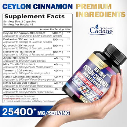 Ceylon Cinnamon 15000mg Berberine 3000mg Quercetin 2000mg Supplement - Support Organic CadaneUS supplements