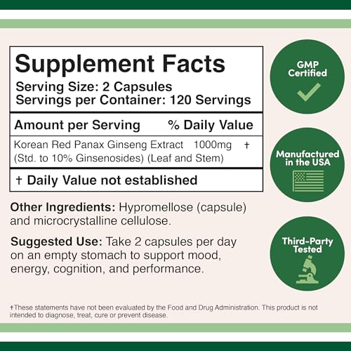 Ginseng Capsules (Korean Red Ginseng Extract, Panax Ginseng 10% Ginsenosides) Double Wood SupplementsUS supplements