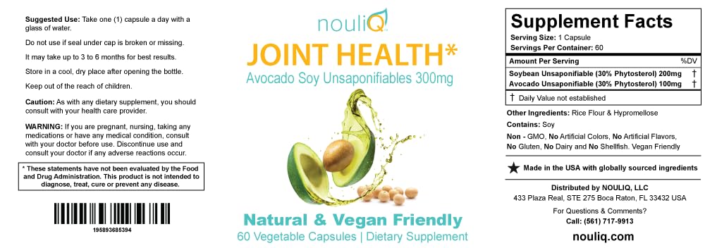 NOULIQ Natural & Vegan-Friendly Joint Health Supplement, Avocado Soy Unsaponifiables 300mg, Non-GMO, Free of Any Gluten, Artificial Colors or Flavors, Dairy and Shellfish, 60 Day Supply. NOULIQAu supplements