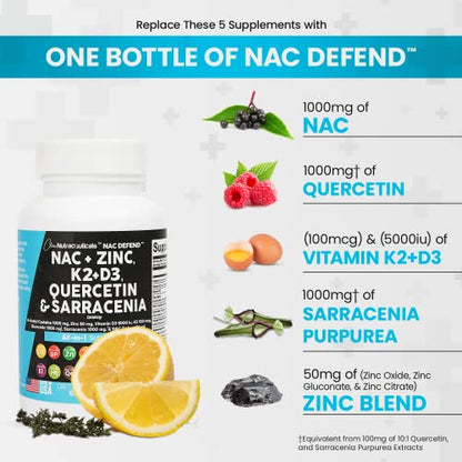 NAC Supplement N-Acetyl Cysteine 1000mg Vitamin D3 K2 Zinc Quercetin Clean NutraceuticalsUS supplements
