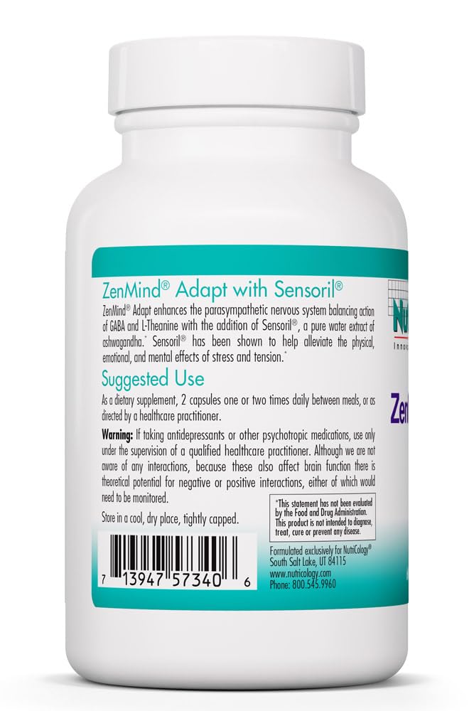 NutriCology ZenMind Adapt - 200 mg L-Theanine, 125 mg Ashwagandha & 550 mg GABA - Supports Stress Response and Calmness - Vegetarian Capsules - Hypoallergenic Formula - 30 Servings - 60 Capsules Allergy Research GroupAu supplements