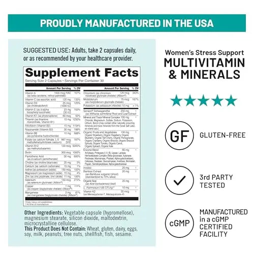 NatureWise Multivitamin for Women + Stress Support with Organic Whole Foods & Natural Minerals - B-Complex + Vitamin C + D3 K2 for Immunity, Hair, Skin & Nails - Non-GMO - 60 Capsules[30-Day Supply] NatureWisenz supplements