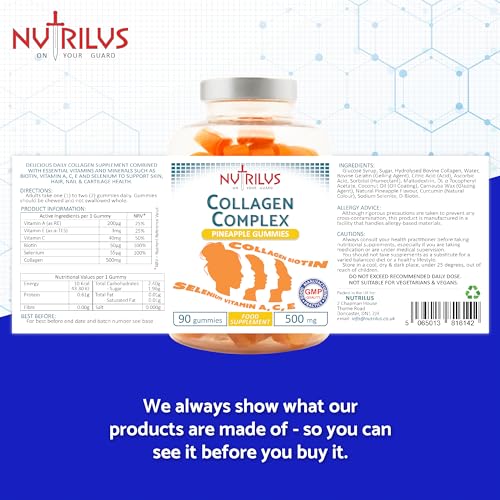 Collagen Complex 90 Natural Pineapple Gummies 500mg - Large Pack - with Biotin & Selenium NutrilusAu supplements