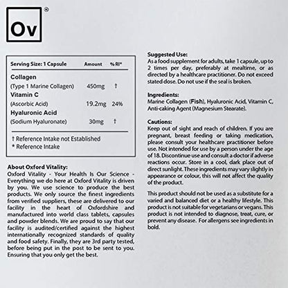 Collagen 450mg, Vitamin C 19.2mg, Hyaluronic Acid 30mg Capsules | Bones & Skin Ov OXFORD VITALITYUS supplements