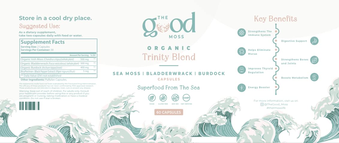 Trinity Blend Superfood -Sea Moss, Bladderwrack and Burdock Root Supplement for Overall Health Support, Hair, Skin and Nails 60ct The Good MossAu supplements