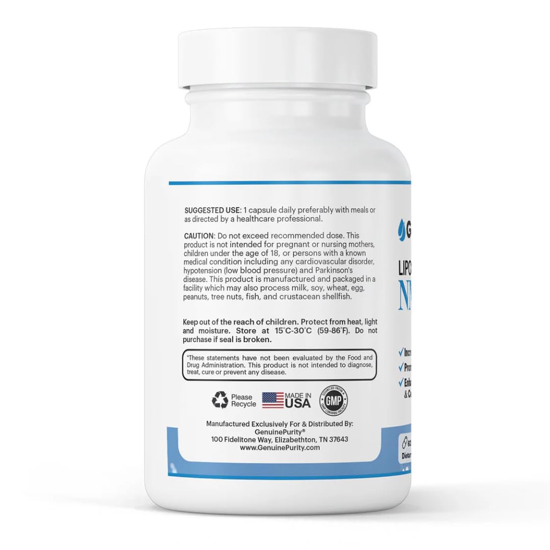 GenuinePurity - 250mg Liposomal NMN Supplement - 60 Vegan Capsules to Support NAD+ Production, Cellular Energy & Healthy Aging - Nicotinamide Mononucleotide for Metabolic Wellness & Immune Support GenuinePurityAu supplements