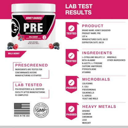 Honey Badger Pre Workout Powder, Keto Vegan Preworkout for Men & Women with Vitamin C Honey BadgerUS supplements