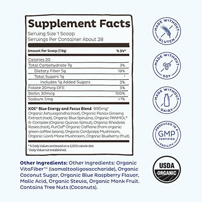 KOS USDA Organic Energizing Blue Spirulina Blend - 70 mg Organic Caffeine, B-Complex KOSUS supplements