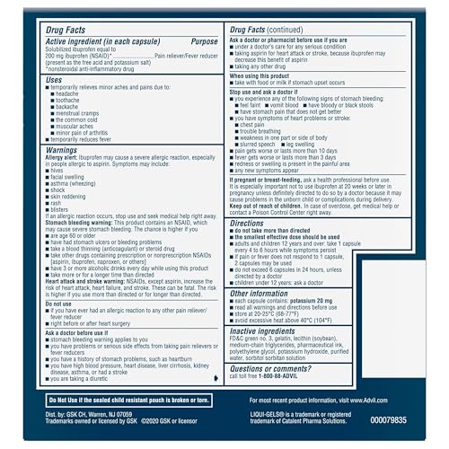 Advil Liqui-Gels Pain Reliever and Fever Reducer, Pain Medicine for Adults with Ibuprofen 200mg for Headache, Backache, Menstrual Pain and Joint Pain Relief - 50x2 Liquid Filled Capsules AdvilAu supplements
