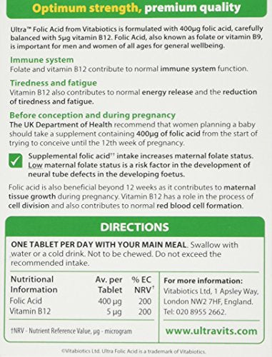Vitabiotics Ultra Folic Acid Tablets 400 mcg Vitamin B9 with Vitamin B12-60 Tablets Vitabiotics UltraUS supplements