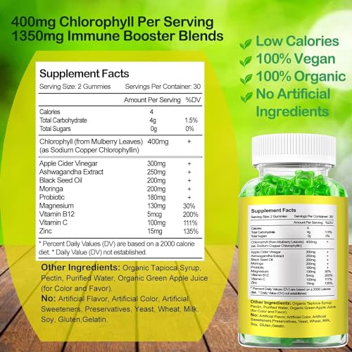 Organic Chlorophyll Gummies with Ashwagandha, Black Seed Oil, Apple Cider Vinegar SijigoodUS supplements