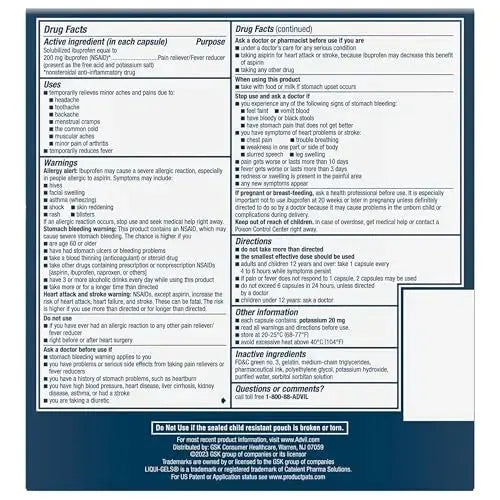 Advil Liqui-Gels minis Pain Reliever and Fever Reducer, Pain Medicine for Adults with Ibuprofen 200mg for Pain Relief - 50x2 Liquid Filled Capsules AdvilAu supplements